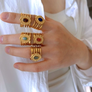 Vintage stainless steel wide band rings set with colorful faceted natural stones