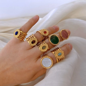 Vintage Bohemian Stainless Steel Natural Stone Open Ring For Women Gold Plated Geometric Multilayer Adjustable Rings Jewelry Gift