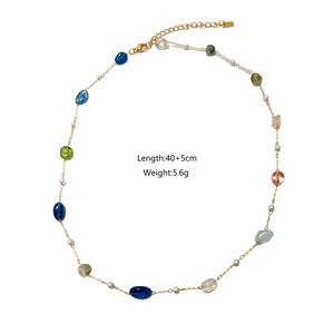 Colorful gemstone necklace with white pearls and 40+5cm adjustable gold chain detail