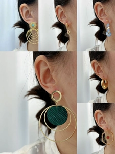 Collage of six bohemian style gold-plated earrings with natural stones and pearls