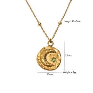 Collar de malaquita dorada con colgante de moneda luna y estrella y cadena de bolas 40 más 5cm