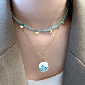 Exquisito Collar de Cuentas de Amazonita Francesa para Mujer Collar de Colgante Cuadrado de Esmalte de Montaña de Acero Inoxidable Pendientes de Botón Bohemios