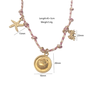 Detailed size measurement chart of colorful woven cord necklace with beach shell charms