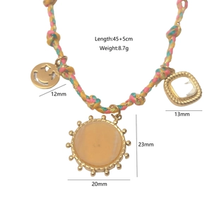 Detailed size parameters of colorful woven necklace with golden sun and smile pendants