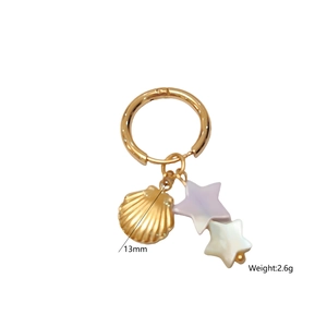 Detail of titanium steel hoop earring with shell and star charms weighing 2.6g