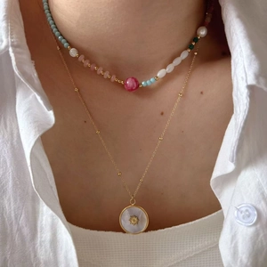 Collana con Pendente a Stella in Acciaio Inossidabile e Madreperla Collana con Perline in Pietra Naturale a Stella e Sole per Donna
