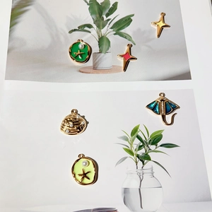 Gold stainless steel starfish and seashell enamel pendants with ocean elements