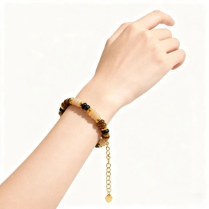Tiger eye stone beaded bracelet with golden heart pendant and adjustable metal chain