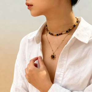 Yellow Tiger Eye Stone Bead Necklace Sun Pendant Stainless Steel Jewelry Set Bracelet For Women Bohemian Vintage Style