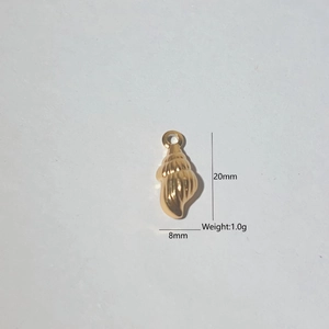 Golden conch shell pendant measuring 20mm by 8mm with spiral texture details