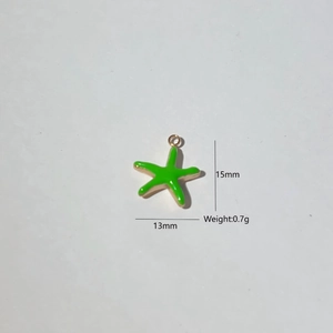 Macro shot showing 15mm green enamel starfish charm with gold plating and dimensions
