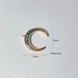 Gold moon pendant with colorful gemstones measuring 22mm by 25mm and weighing 3.5g
