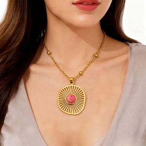 14K gold plated stainless steel sunburst necklace with pink stone and beaded chain