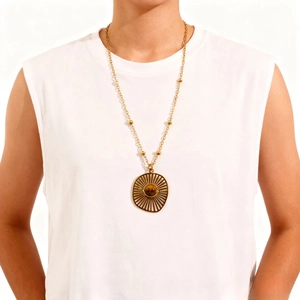 14K gold-plated stainless steel mesh pendant necklace with round brown tiger eye stone