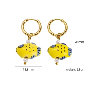 Detail view of tropical fish drop earrings with size 38mm and weight 5.8g specs