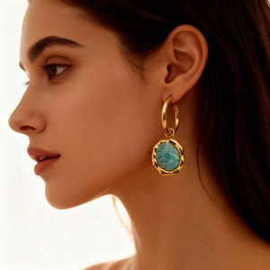 Boucles d'Oreilles Créoles Vintage en Acier Inoxydable Avec Pendentif Pierre Naturelle Femme Bijoux Géométriques Dorés