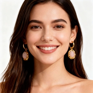 Boucles d'oreilles dorées en acier inoxydable avec pendentifs en pierre naturelle rose sur mannequin