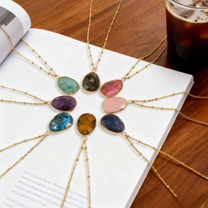 Vintage retro natural stone teardrop necklaces with gold beaded titanium steel chains