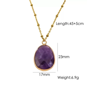 Detail view of water-drop purple stone pendant necklace with size and weight specs