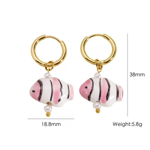 Detail view of colorful fish ceramic pendant earrings with dimensions 38mm height