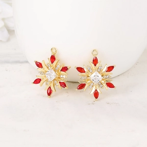 Golden snowflake charm with red gems and square zircon inlay for DIY jewelry crafting