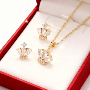 Detalle de un conjunto de joyas de corona dorada con circonitas en estuche rojo