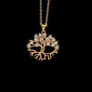 Elegante colgante Árbol de la Vida en oro con circonitas brillantes sobre fondo negro