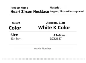 Especificaciones detalladas del collar de corazón de circón incluyendo material y talla