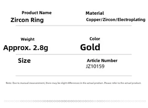 Tabla de especificaciones detalladas del anillo de circón dorado y materiales