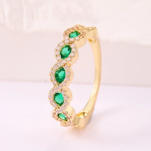 Anillo de Compromiso Vintage de Cobre Dorado Circonia Verde Esmeralda Onda para Mujer Joyería de Lujo para Boda Regalo