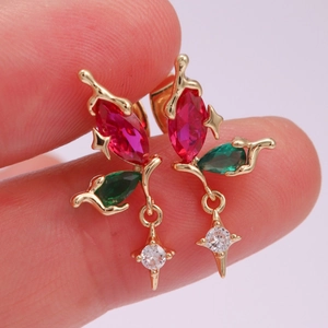 Elegant gold butterfly earrings with red green zircon and dangling star zircon charm