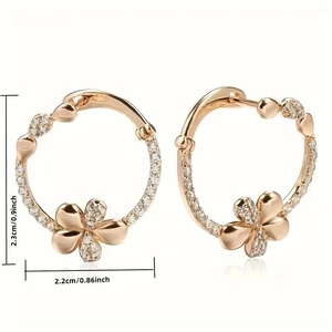 Orecchini a cerchio in oro rosa con fiori a cinque petali e zirconi, 2,3 x 2,2 cm