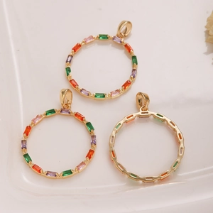 Luxury Colorful Zircon Circular Pendant 18k Gold Plated Copper Baguette Cut Geometric Stone Charm For Women Jewelry Gift