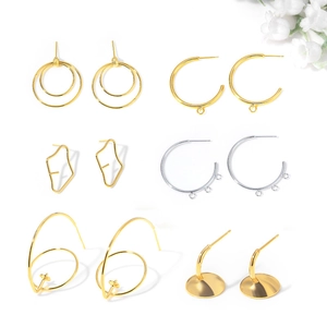 Assorted gold and silver plated geometric DIY earring components in a professional layout