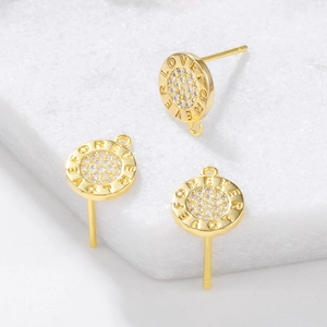 Gold round stud earrings with Forever Love engraving and clear cubic zirconia stones