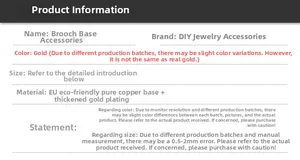 Detail of 18k gold plated pure brass brooch base accessory with material specifications