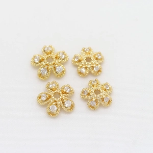Gold plated copper flower petal bead caps with zircon accents for DIY jewelry making