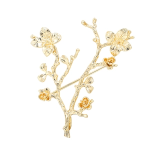 Elegant gold-plated flower bouquet brooch pin with detailed branch and bud textures