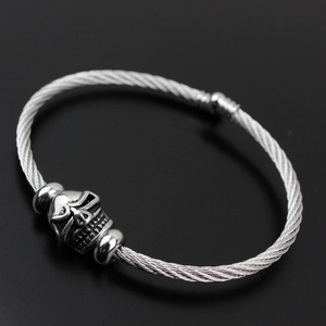 Men's punk skull open bracelet in braided stainless steel with vintage silver finish