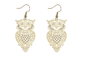 Detail showing rose gold owl earrings with hollow carved textures and hooks