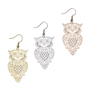 Three-color owl cutout drop earrings in gold, silver, and rose gold finishes