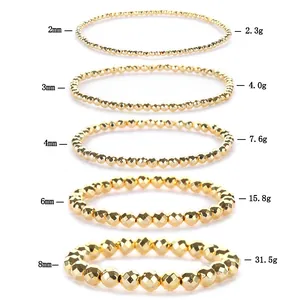 Detailed size comparison of 2mm to 8mm 14K gold plated faceted hematite elastic bracelets