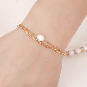 Double-layer gold stainless steel paperclip chain bracelet with a freshwater pearl