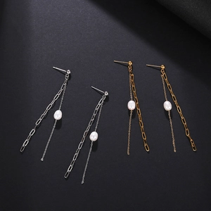 Elegant long paperclip chain drop earrings with freshwater pearls in gold and silver