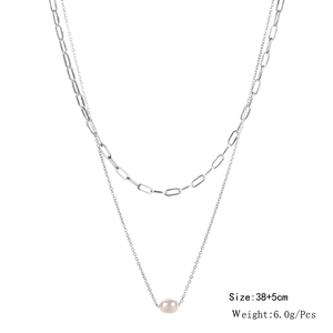 Detail of silver paperclip layered necklace with single pearl charm and measurements