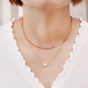 Chic double-layer gold paperclip chain necklace with a round pearl pendant for women