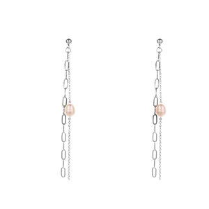 Elegant long chain earrings with freshwater pearls and silver paperclip links