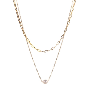 Gold double-layered necklace featuring a paperclip chain and freshwater pearl pendant