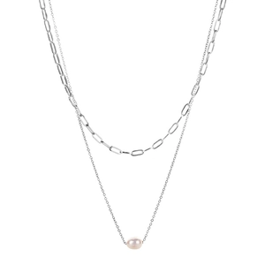 Silver layered paperclip chain necklace with white freshwater pearl pendant for women