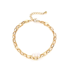 Bracciale a doppio strato in acciaio inossidabile dorato con tre perle fini